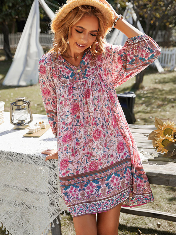 Bohemian Floral Print Resort Dress – Lightweight Woven Summer Midi