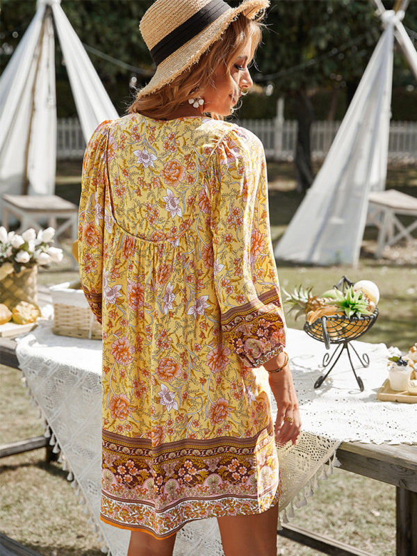 Bohemian Floral Print Resort Dress – Lightweight Woven Summer Midi