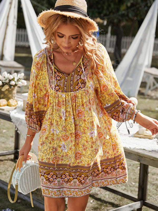Bohemian Floral Print Resort Dress – Lightweight Woven Summer Midi
