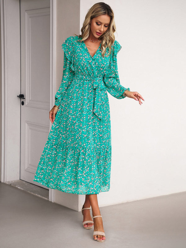 Floral V-Neck Long Sleeve Maxi Dress – Romantic Woven Design for All Seasons