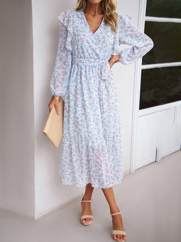 Floral V-Neck Long Sleeve Maxi Dress – Romantic Woven Design for All Seasons