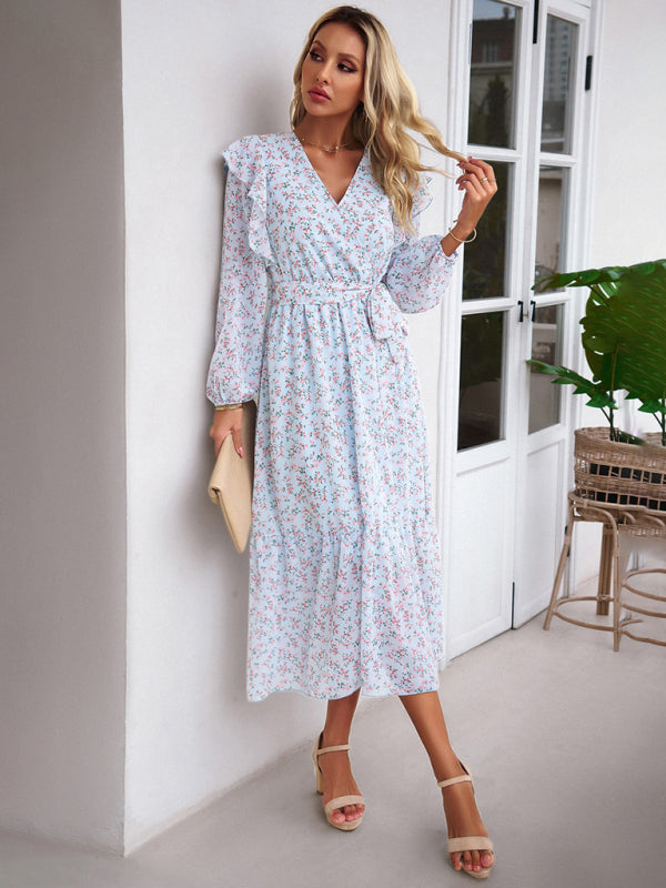 Floral V-Neck Long Sleeve Maxi Dress – Romantic Woven Design for All Seasons