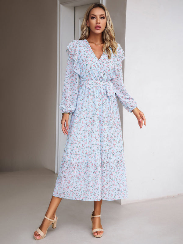 Floral V-Neck Long Sleeve Maxi Dress – Romantic Woven Design for All Seasons
