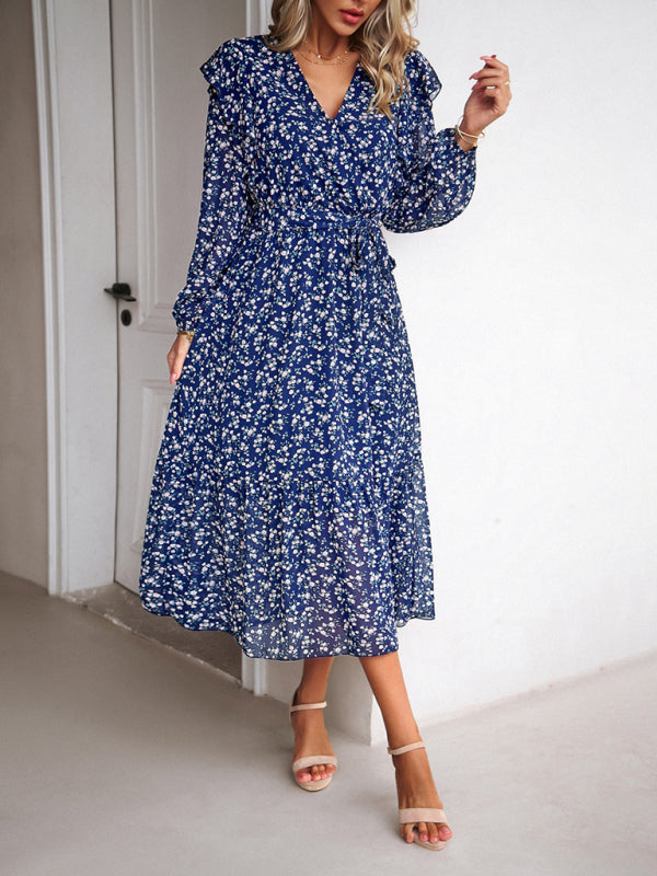Floral V-Neck Long Sleeve Maxi Dress – Romantic Woven Design for All Seasons
