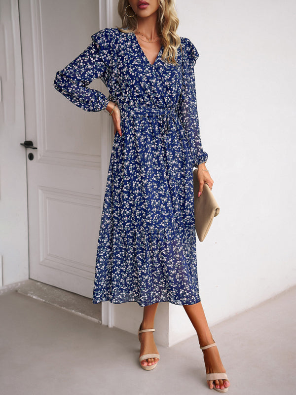 Floral V-Neck Long Sleeve Maxi Dress – Romantic Woven Design for All Seasons