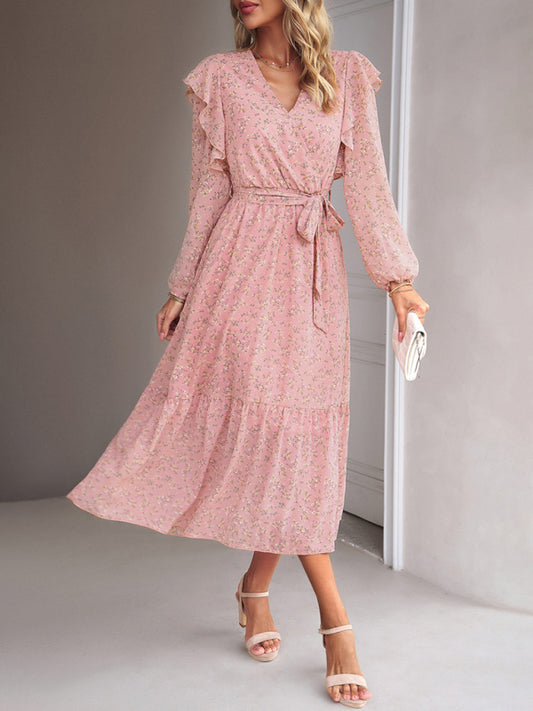 Floral V-Neck Long Sleeve Maxi Dress – Romantic Woven Design for All Seasons