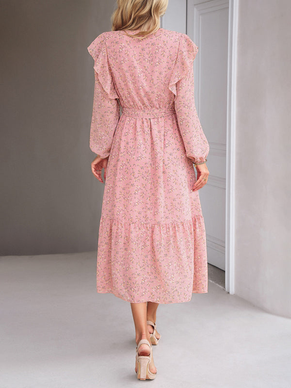 Floral V-Neck Long Sleeve Maxi Dress – Romantic Woven Design for All Seasons