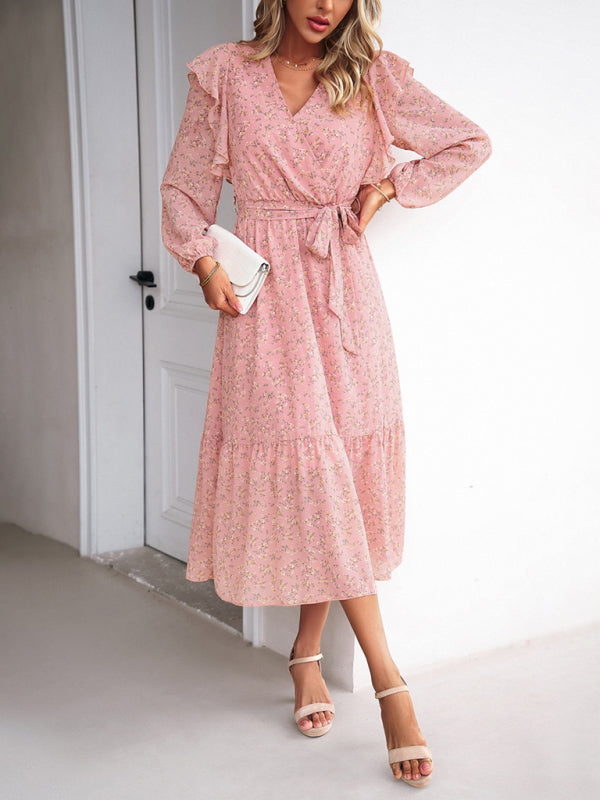 Floral V-Neck Long Sleeve Maxi Dress – Romantic Woven Design for All Seasons