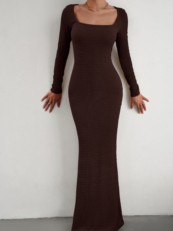Fitted Square Neck Long Sleeve Knit Dress – Elegant Casual Style