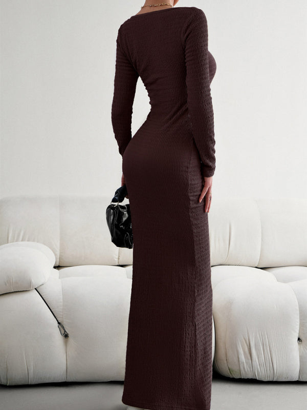 Fitted Square Neck Long Sleeve Knit Dress – Elegant Casual Style