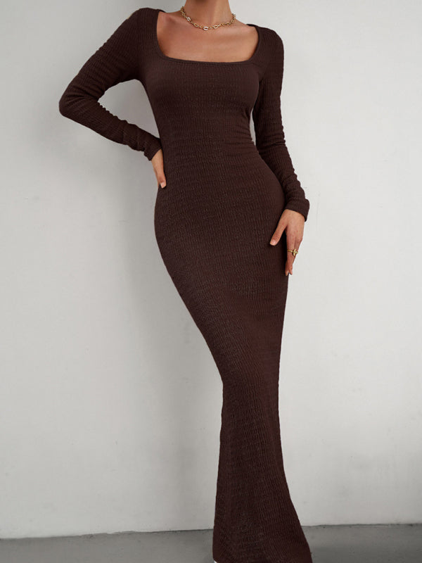 Fitted Square Neck Long Sleeve Knit Dress – Elegant Casual Style
