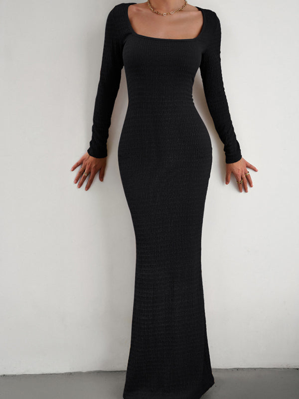Fitted Square Neck Long Sleeve Knit Dress – Elegant Casual Style