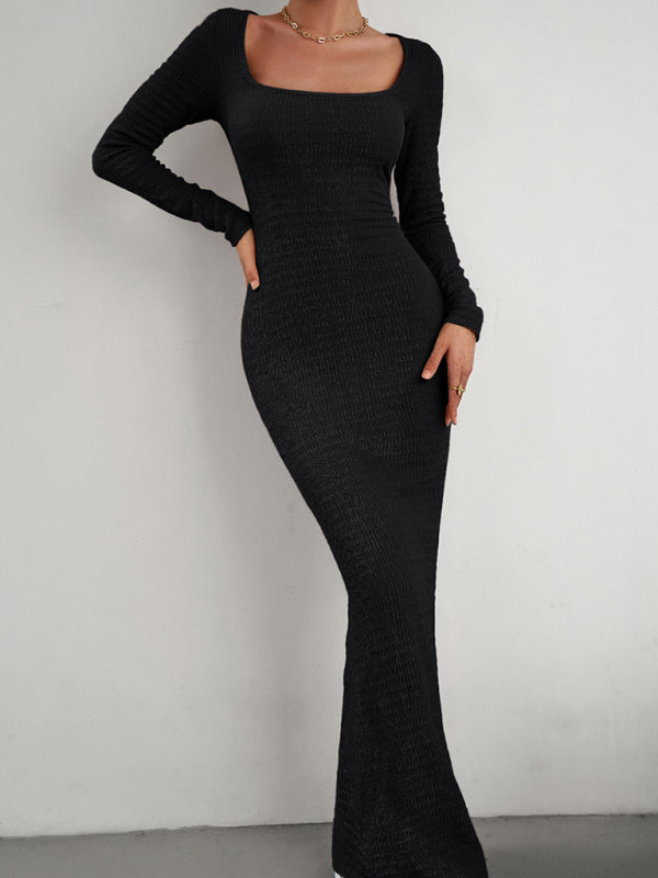Fitted Square Neck Long Sleeve Knit Dress – Elegant Casual Style