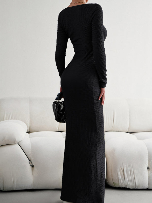 Fitted Square Neck Long Sleeve Knit Dress – Elegant Casual Style