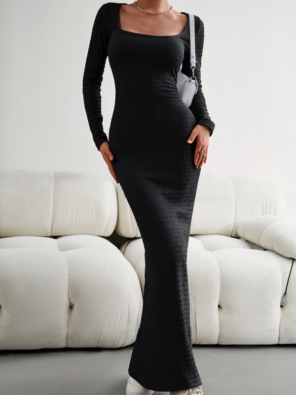 Fitted Square Neck Long Sleeve Knit Dress – Elegant Casual Style