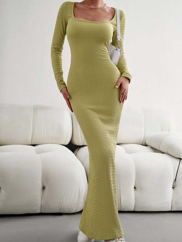 Fitted Square Neck Long Sleeve Knit Dress – Elegant Casual Style