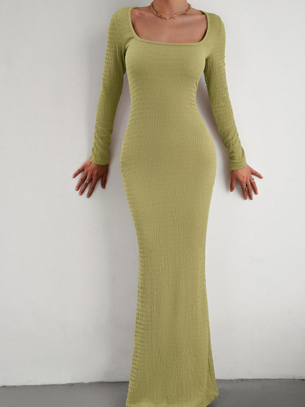 Fitted Square Neck Long Sleeve Knit Dress – Elegant Casual Style