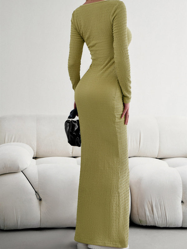 Fitted Square Neck Long Sleeve Knit Dress – Elegant Casual Style