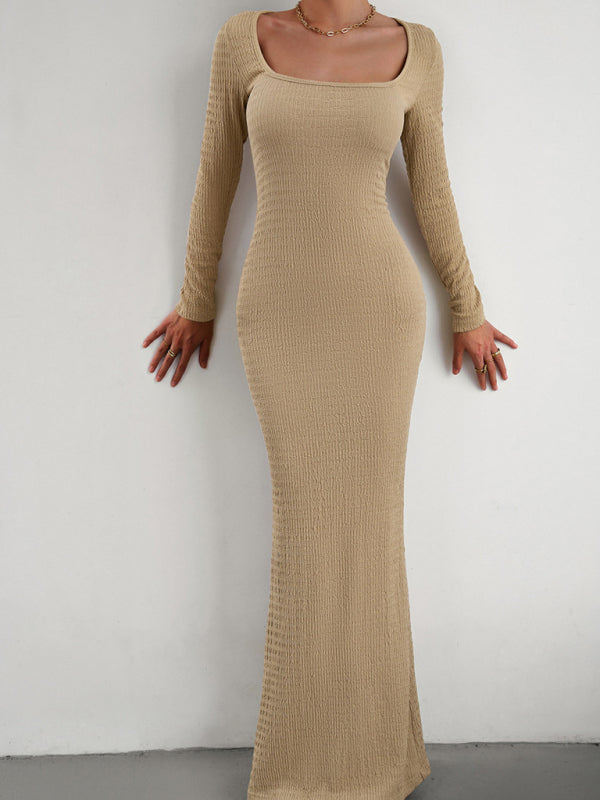 Fitted Square Neck Long Sleeve Knit Dress – Elegant Casual Style
