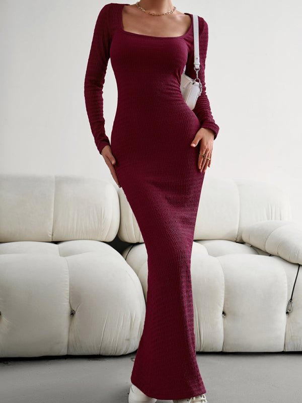 Fitted Square Neck Long Sleeve Knit Dress – Elegant Casual Style