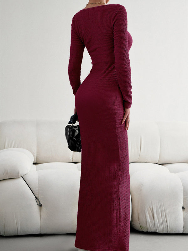 Fitted Square Neck Long Sleeve Knit Dress – Elegant Casual Style