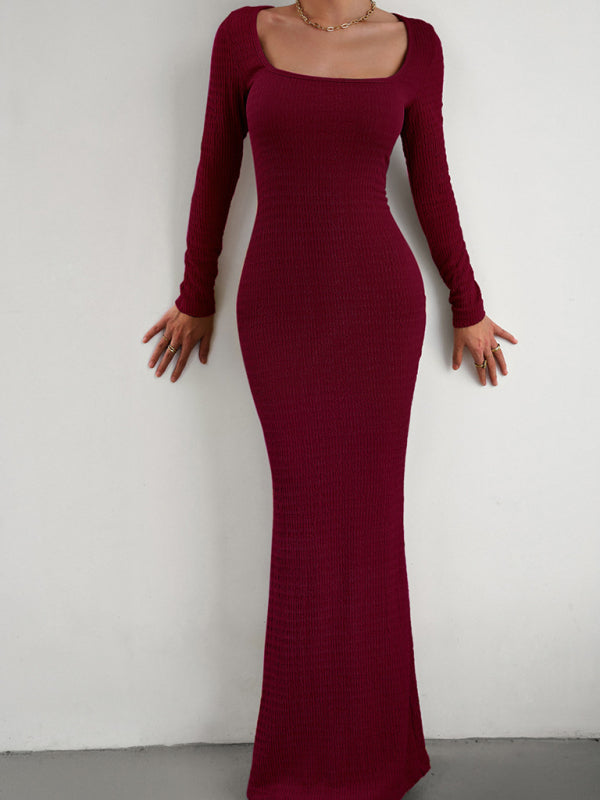Fitted Square Neck Long Sleeve Knit Dress – Elegant Casual Style