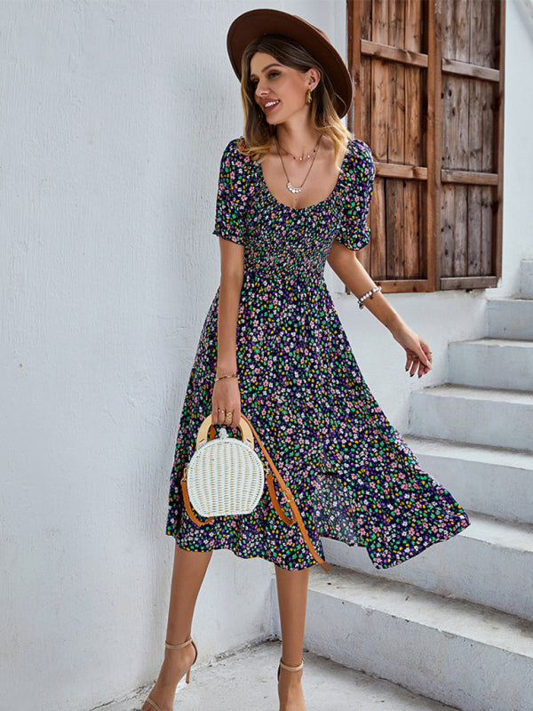 Boho Floral Swing Dress – Round Neck, Lightweight Rayon, Flowy Fit