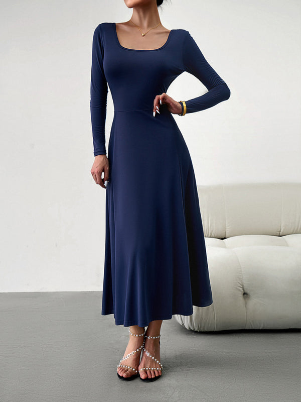 Elegant Knit Long Sleeve Dress – Waist-Defined Fit, Solid Colors