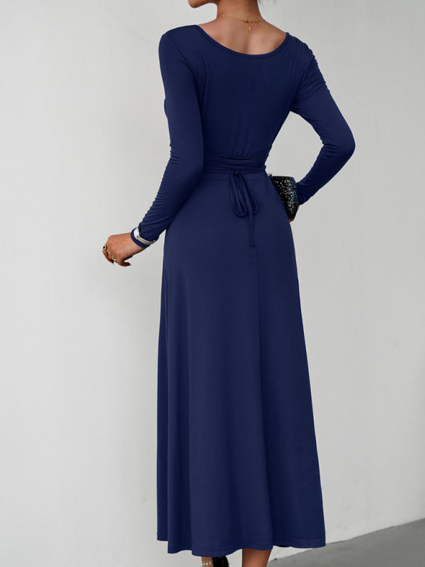 Elegant Knit Long Sleeve Dress – Waist-Defined Fit, Solid Colors