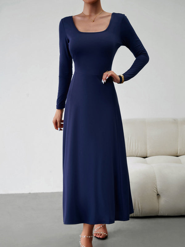 Elegant Knit Long Sleeve Dress – Waist-Defined Fit, Solid Colors