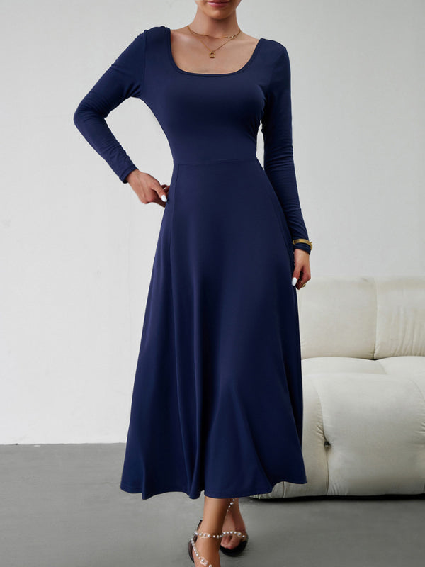 Elegant Knit Long Sleeve Dress – Waist-Defined Fit, Solid Colors