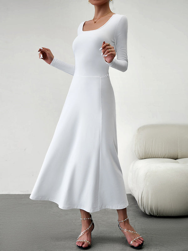 Elegant Knit Long Sleeve Dress – Waist-Defined Fit, Solid Colors