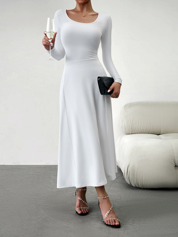 Elegant Knit Long Sleeve Dress – Waist-Defined Fit, Solid Colors
