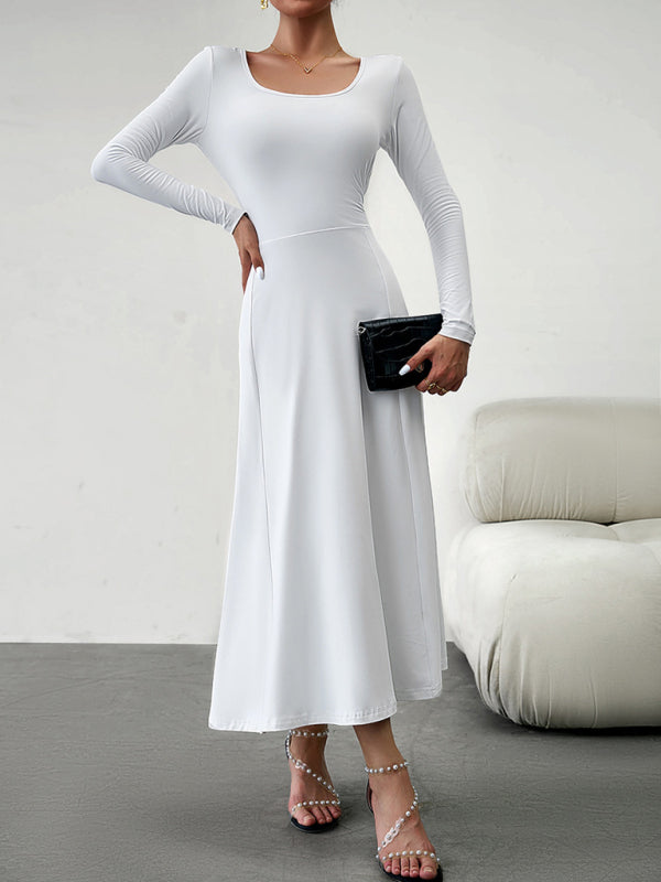 Elegant Knit Long Sleeve Dress – Waist-Defined Fit, Solid Colors