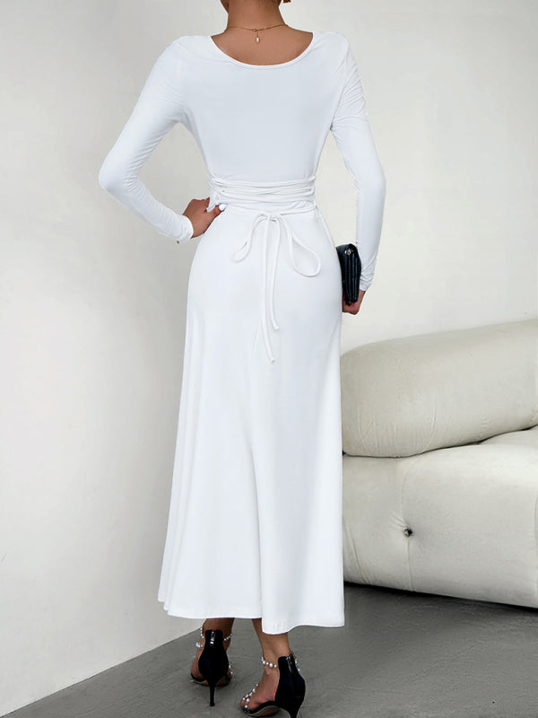 Elegant Knit Long Sleeve Dress – Waist-Defined Fit, Solid Colors