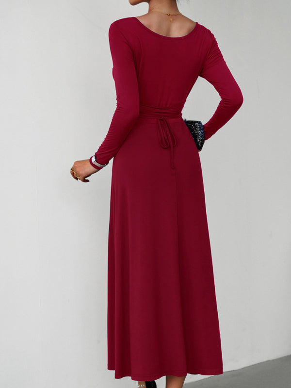 Elegant Knit Long Sleeve Dress – Waist-Defined Fit, Solid Colors