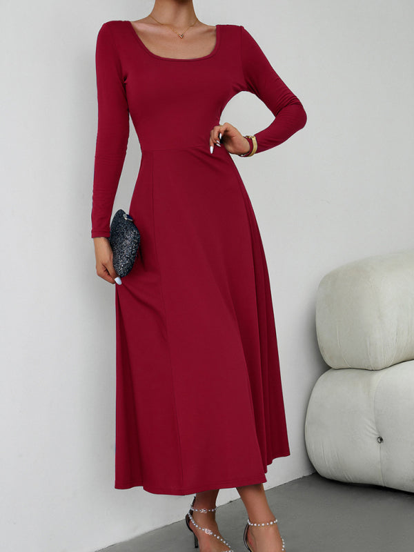 Elegant Knit Long Sleeve Dress – Waist-Defined Fit, Solid Colors