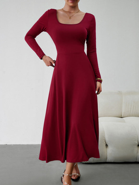 Elegant Knit Long Sleeve Dress – Waist-Defined Fit, Solid Colors