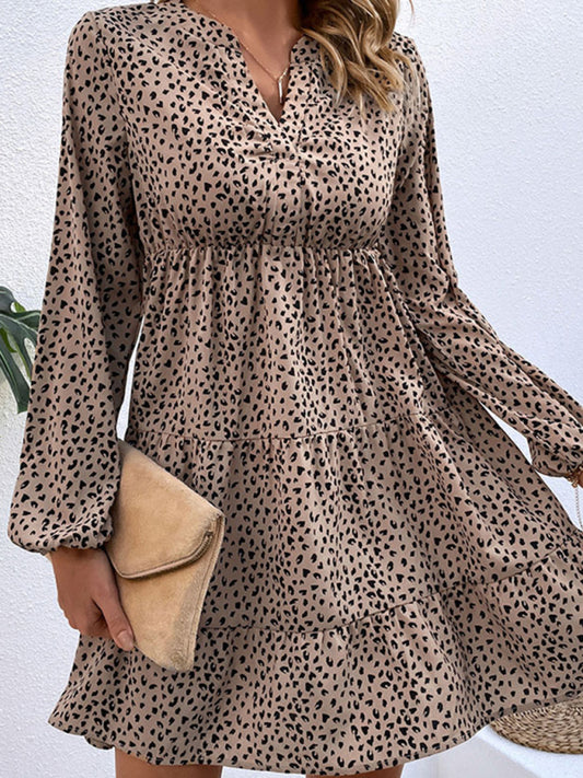 Leopard Print Puff-Sleeve Layered Skirt Dress – Long Sleeve, Pleated Fit