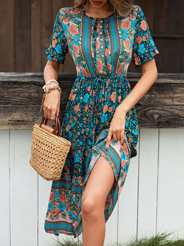Bohemian Floral Print Button Tie Dress – Lightweight Spring-Summer Style