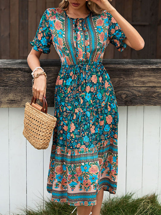 Bohemian Floral Print Button Tie Dress – Lightweight Spring-Summer Style