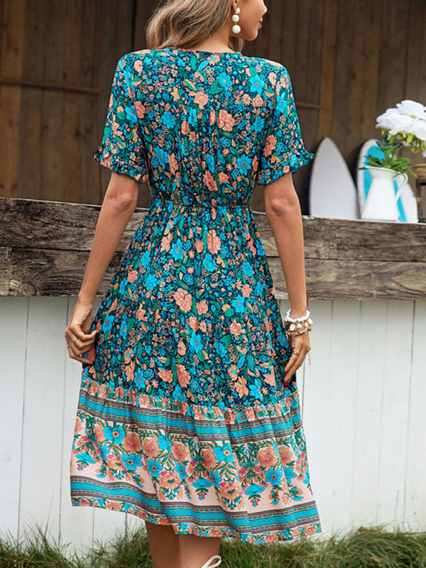 Bohemian Floral Print Button Tie Dress – Lightweight Spring-Summer Style
