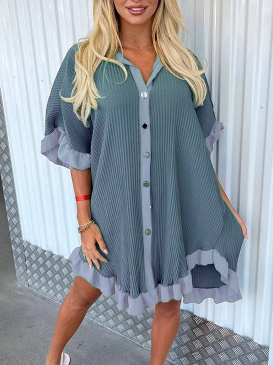 Ruffle Sleeve Irregular Shirt Dress – Solid Color, Lightweight & Chic