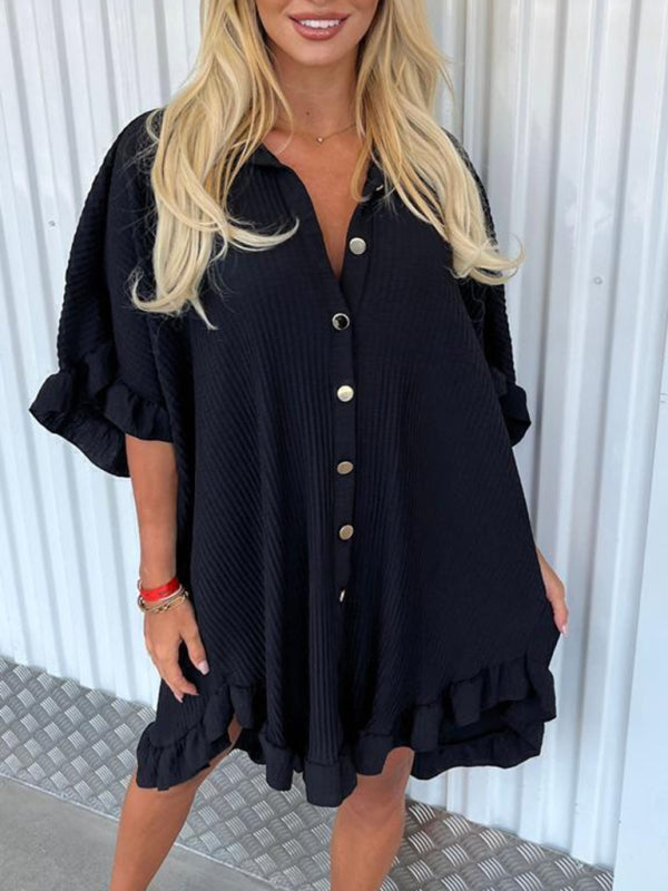 Ruffle Sleeve Irregular Shirt Dress – Solid Color, Lightweight & Chic