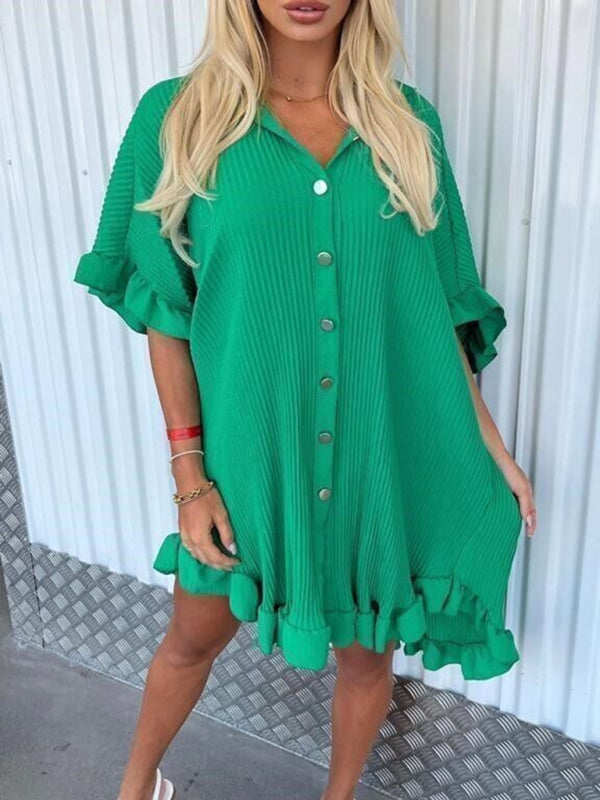 Ruffle Sleeve Irregular Shirt Dress – Solid Color, Lightweight & Chic