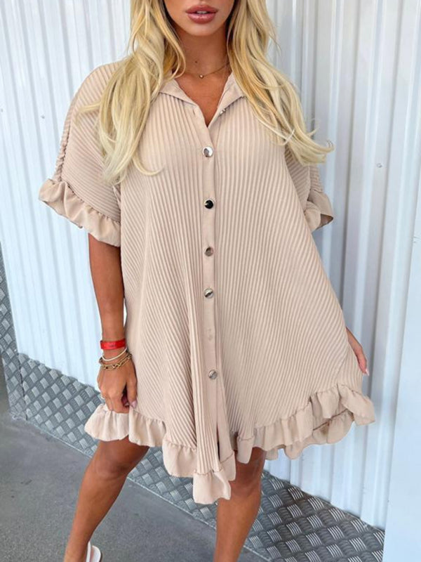 Ruffle Sleeve Irregular Shirt Dress – Solid Color, Lightweight & Chic