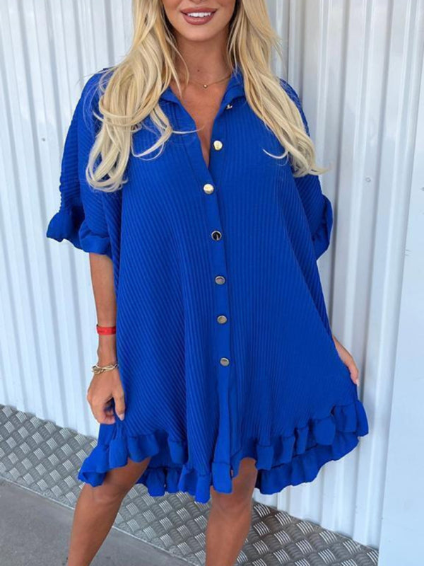 Ruffle Sleeve Irregular Shirt Dress – Solid Color, Lightweight & Chic