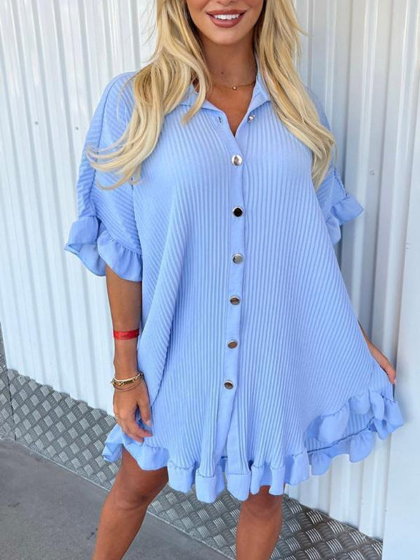 Ruffle Sleeve Irregular Shirt Dress – Solid Color, Lightweight & Chic