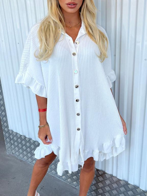 Ruffle Sleeve Irregular Shirt Dress – Solid Color, Lightweight & Chic