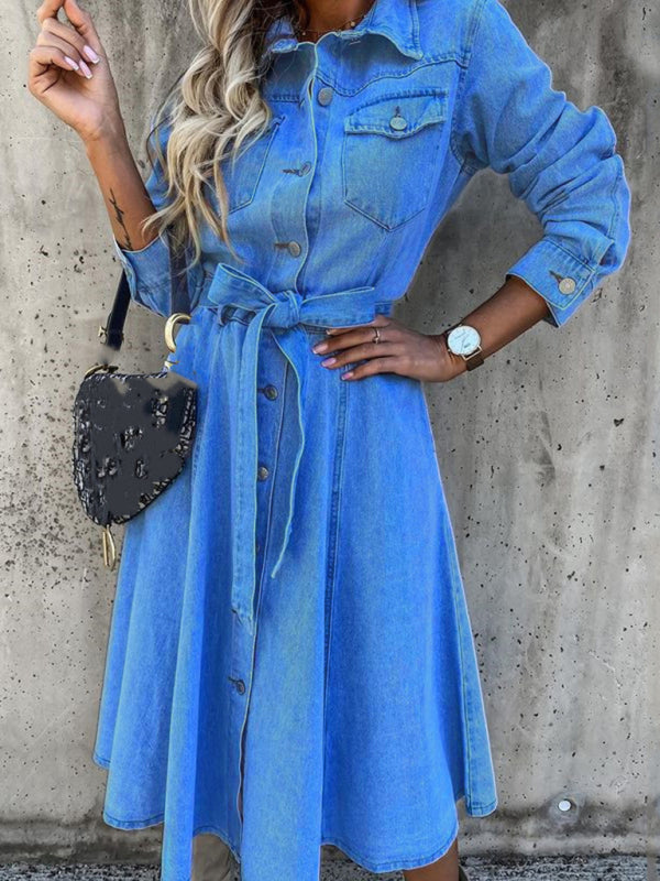 Denim High-Waist Sleeveless Lapel Dress with Flap Pockets – Casual Fit